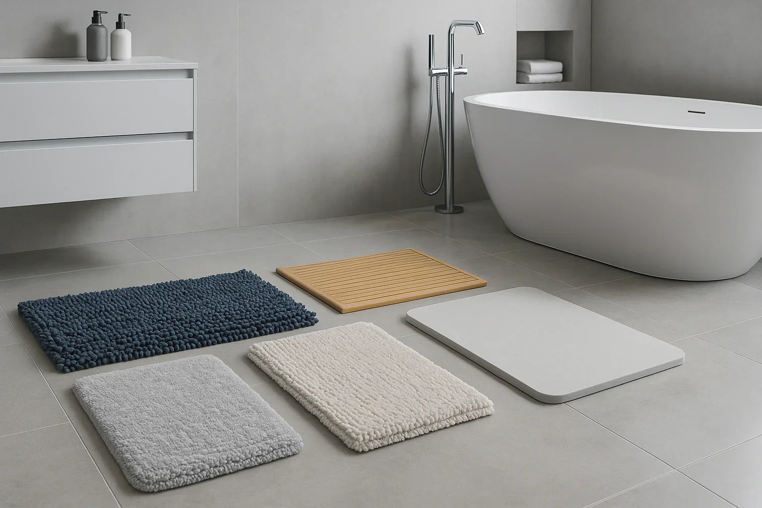 Salle de bain moderne et élégante avec plusieurs tapis de bain aux textures variées — coton, microfibre, bambou et diatomite — créant une ambiance apaisante et design.