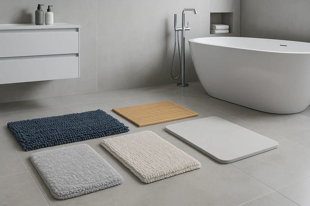 Salle de bain moderne et élégante avec plusieurs tapis de bain aux textures variées — coton, microfibre, bambou et diatomite — créant une ambiance apaisante et design.