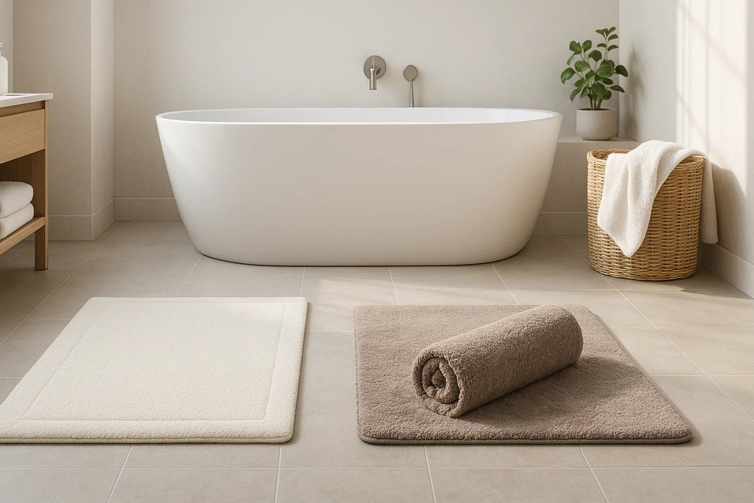 Salle de bain moderne et lumineuse avec deux tapis de bain : un propre et moelleux bien entretenu, l’autre humide et froissé, illustrant les erreurs d’entretien à éviter.