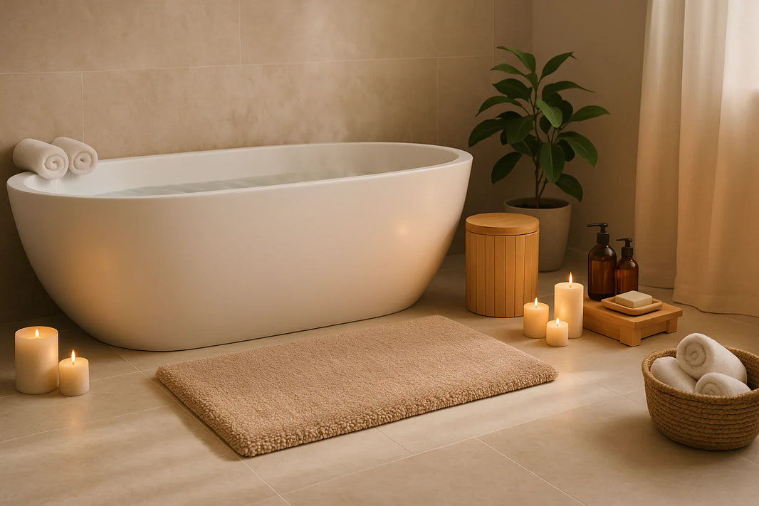 Salle de bain zen et moderne transformée en espace de détente sensorielle, avec baignoire blanche, bougies allumées, vapeur douce, tapis moelleux et lumière naturelle apaisante.