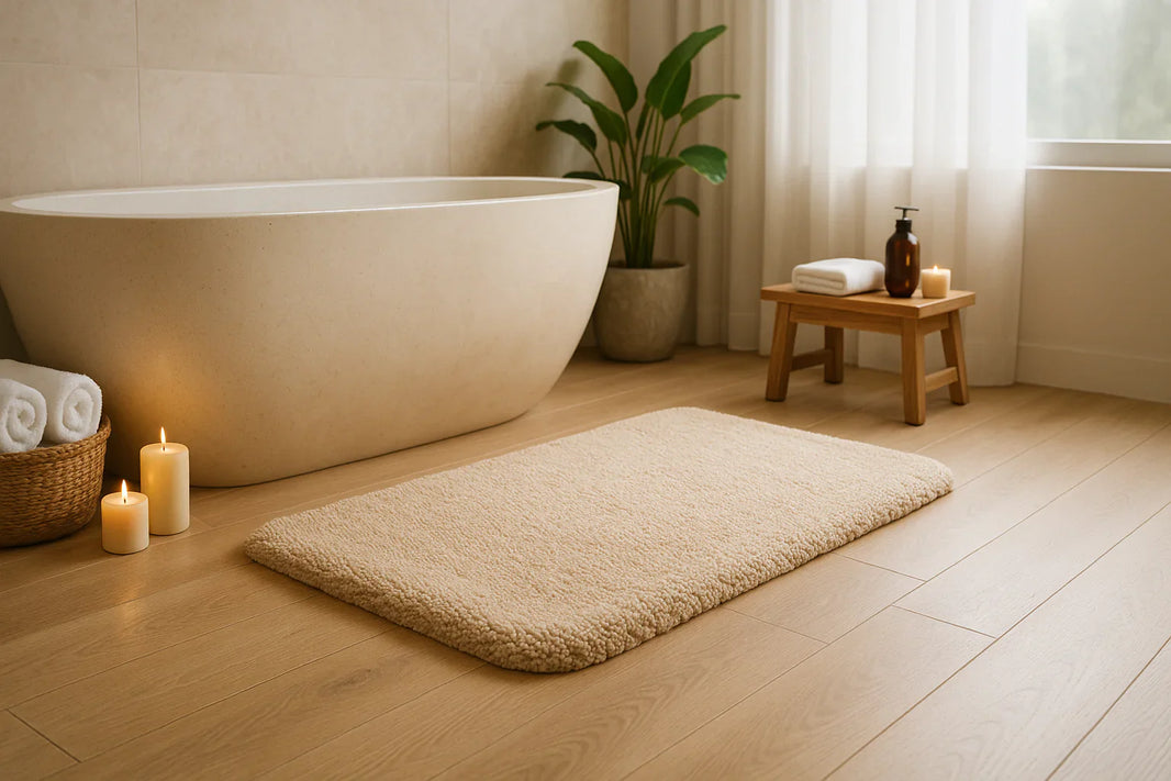 Salle de bain zen au style spa avec tapis de bain beige moelleux, bougies et lumière naturelle douce pour une ambiance relaxante.