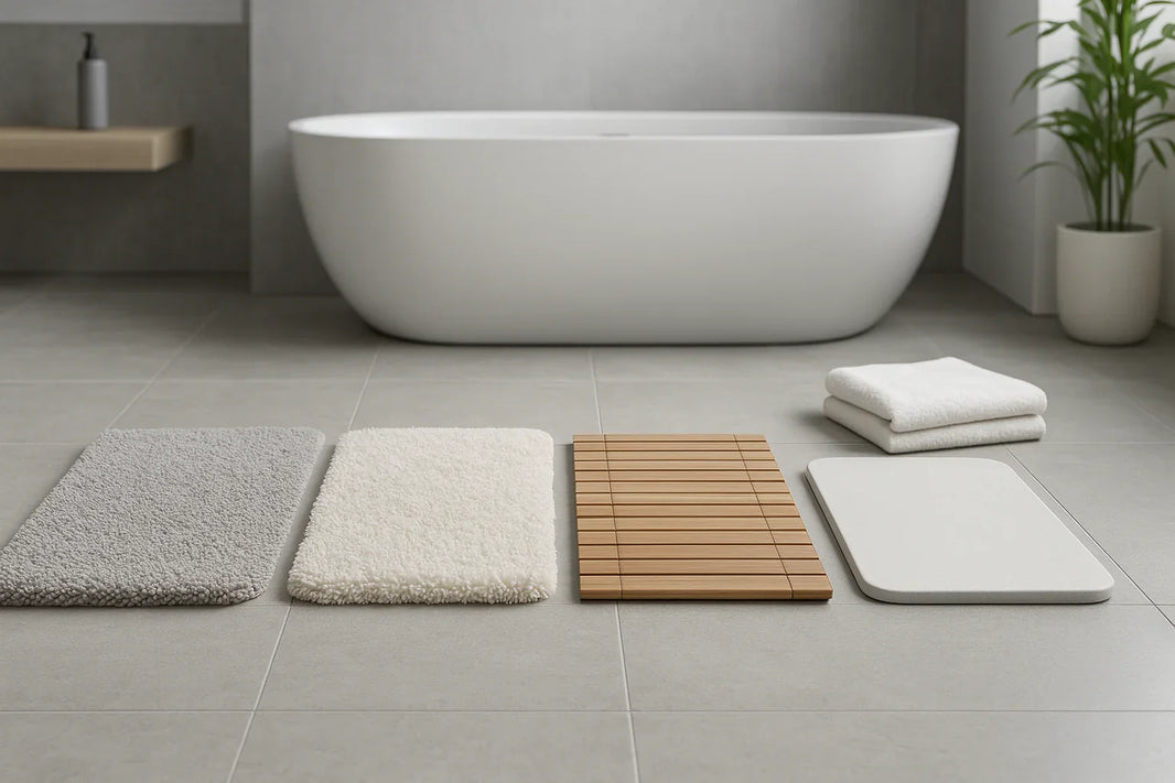 Salle de bain moderne et design avec plusieurs tapis de bain aux textures variées — coton, microfibre, bambou et diatomite — dans une ambiance élégante et apaisante.