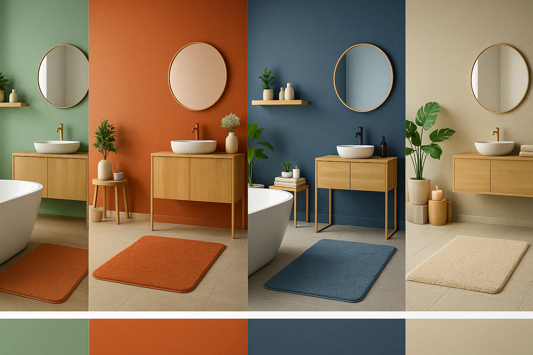 Quatre salles de bain modernes illustrent les couleurs tendances 2025 : vert sauge, terracotta, bleu minéral et beige sable, dans une ambiance élégante, naturelle et lumineuse.