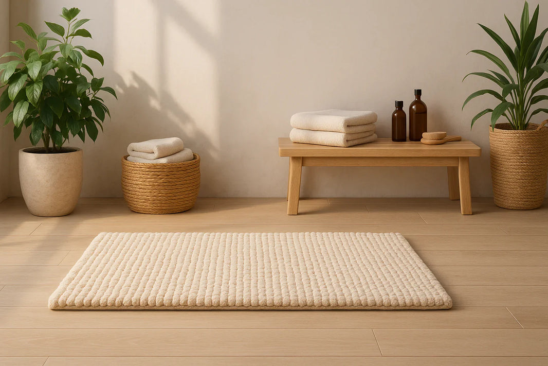 Salle de bain naturelle et lumineuse avec un tapis de bain écoresponsable en coton bio ou bambou, entourée de plantes vertes et d’accessoires durables en bois clair et fibres naturelles.