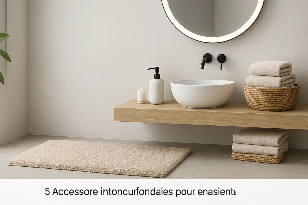 Salle de bain moderne et design présentant cinq accessoires essentiels : tapis de bain moelleux, miroir rond rétroéclairé, distributeur de savon, serviettes pliées et panier en fibres naturelles.