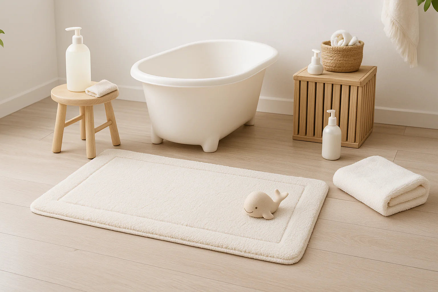 Salle de bain douce et lumineuse pour bébé avec un tapis antidérapant beige sur un sol clair. Autour, une petite baignoire blanche, une serviette pliée et un jouet coloré créent une ambiance apaisante, propre et sécurisante.