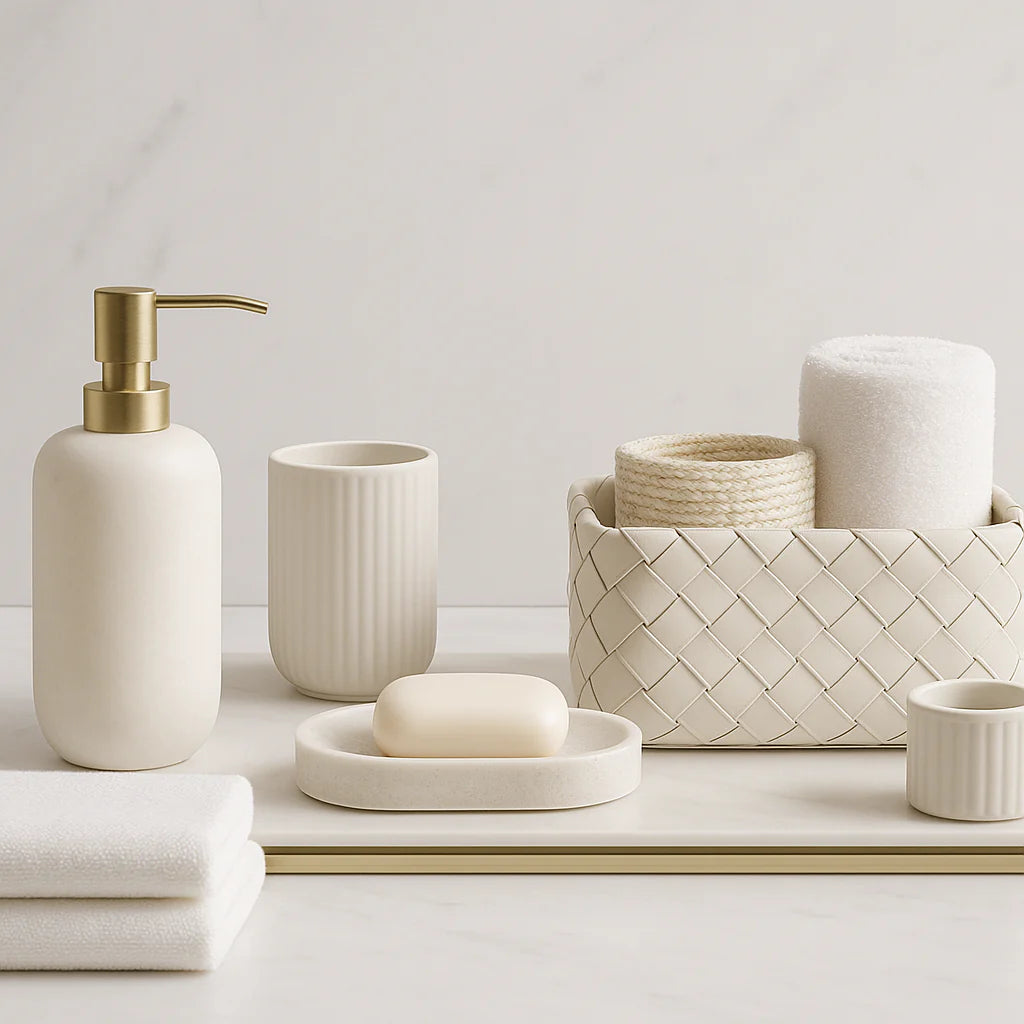 Accessoires de salle de bain haut de gamme en tons ivoire : distributeur de savon doré, gobelet en céramique, plateau en pierre et panier tressé, présentés sur un comptoir en marbre pour une ambiance design et luxueuse.