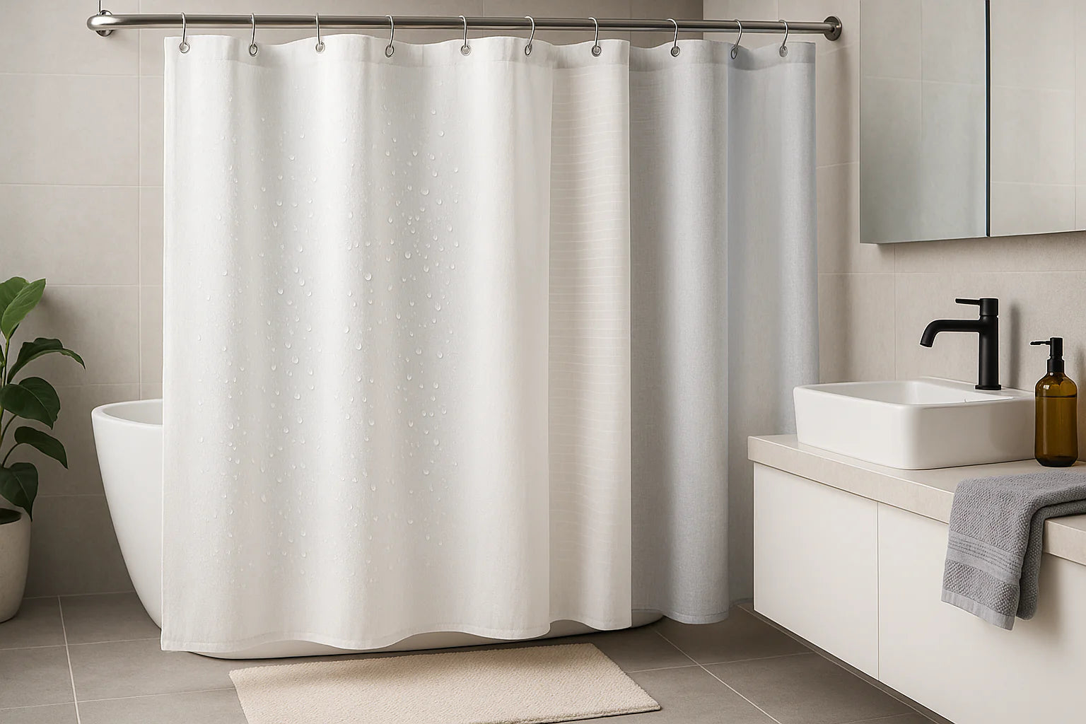 Rideaux de bain modernes suspendus dans une salle de bain lumineuse au design épuré, présentant plusieurs textures et motifs dans des tons neutres et apaisants.