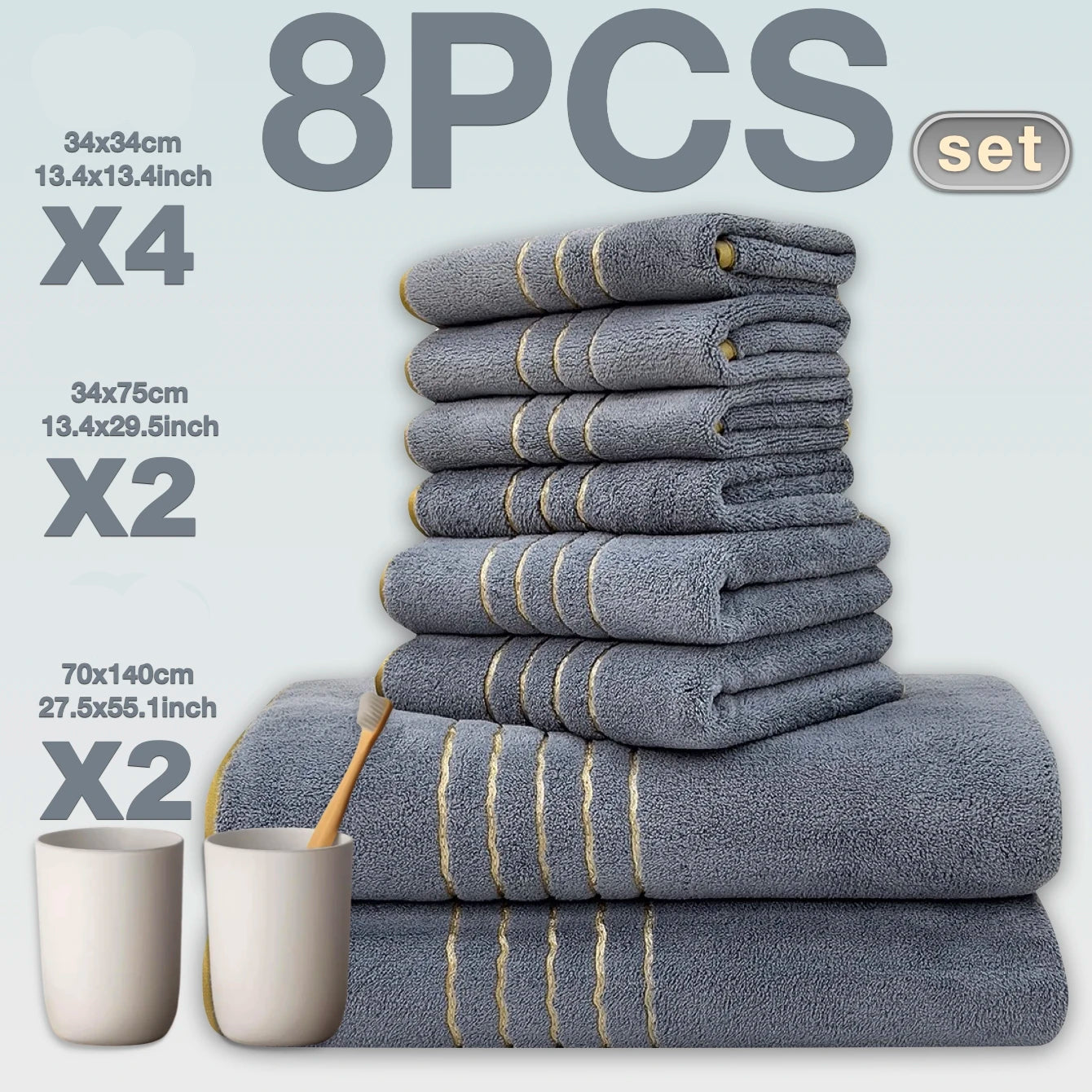 Ensemble Serviettes Spa Luxe 8 Pièces Coton Premium gris 