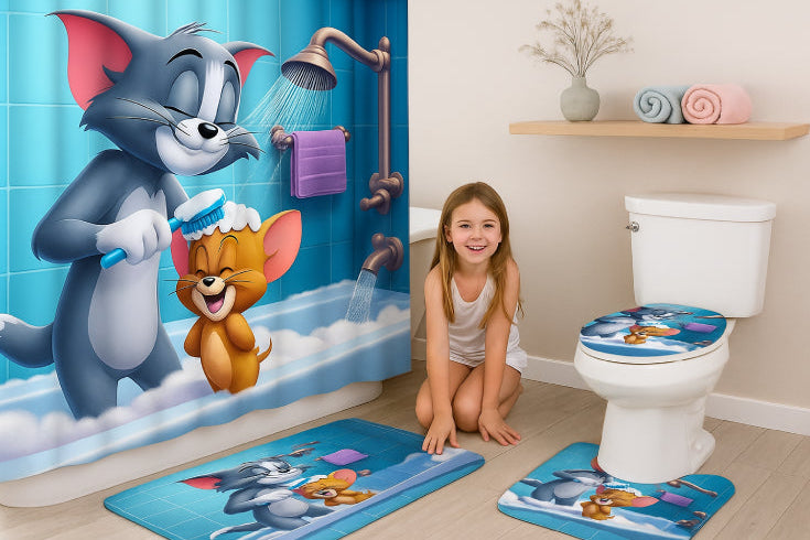  Ensemble de tapis de bain + rideau de bain Tom et Jerry  fille 