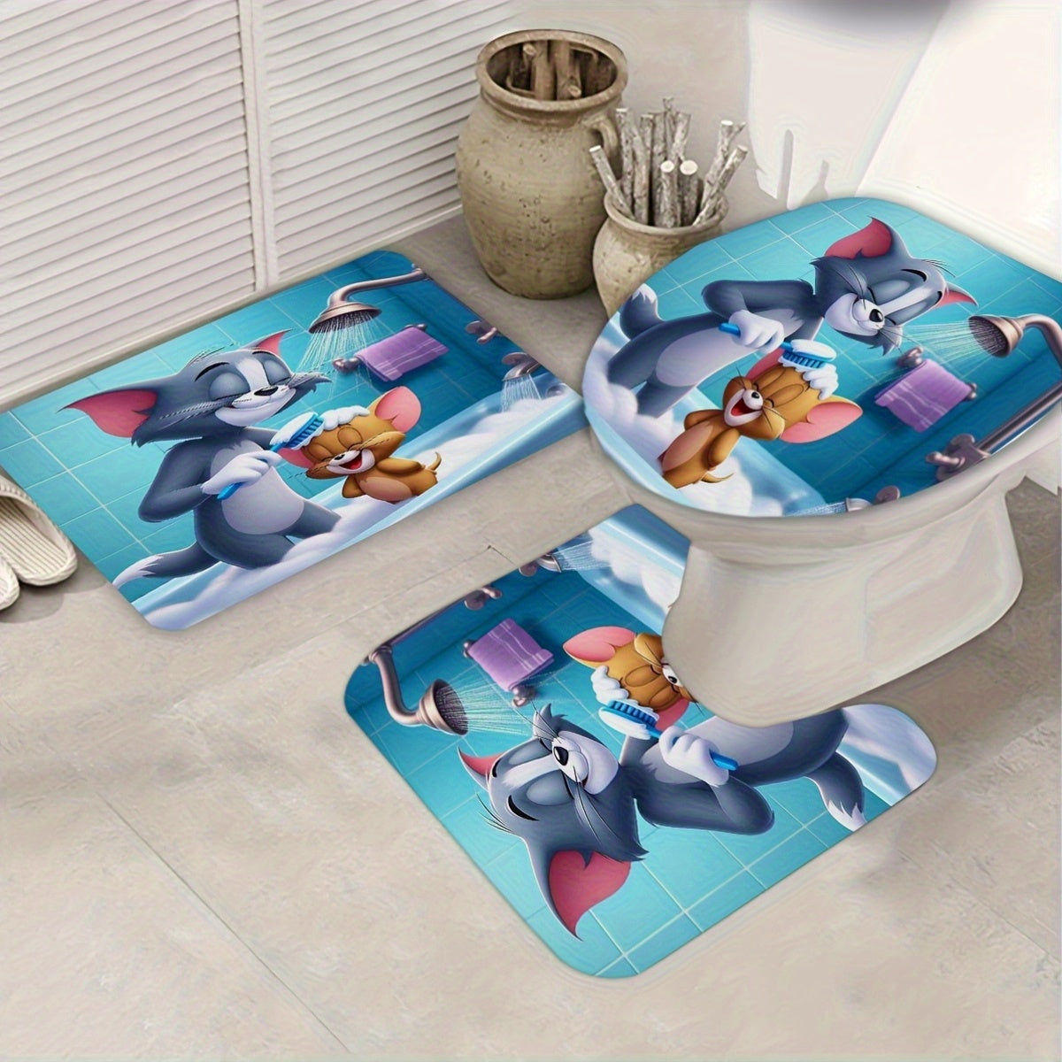 Ensemble de tapis de bain + rideau de bain Tom et Jerry sol 