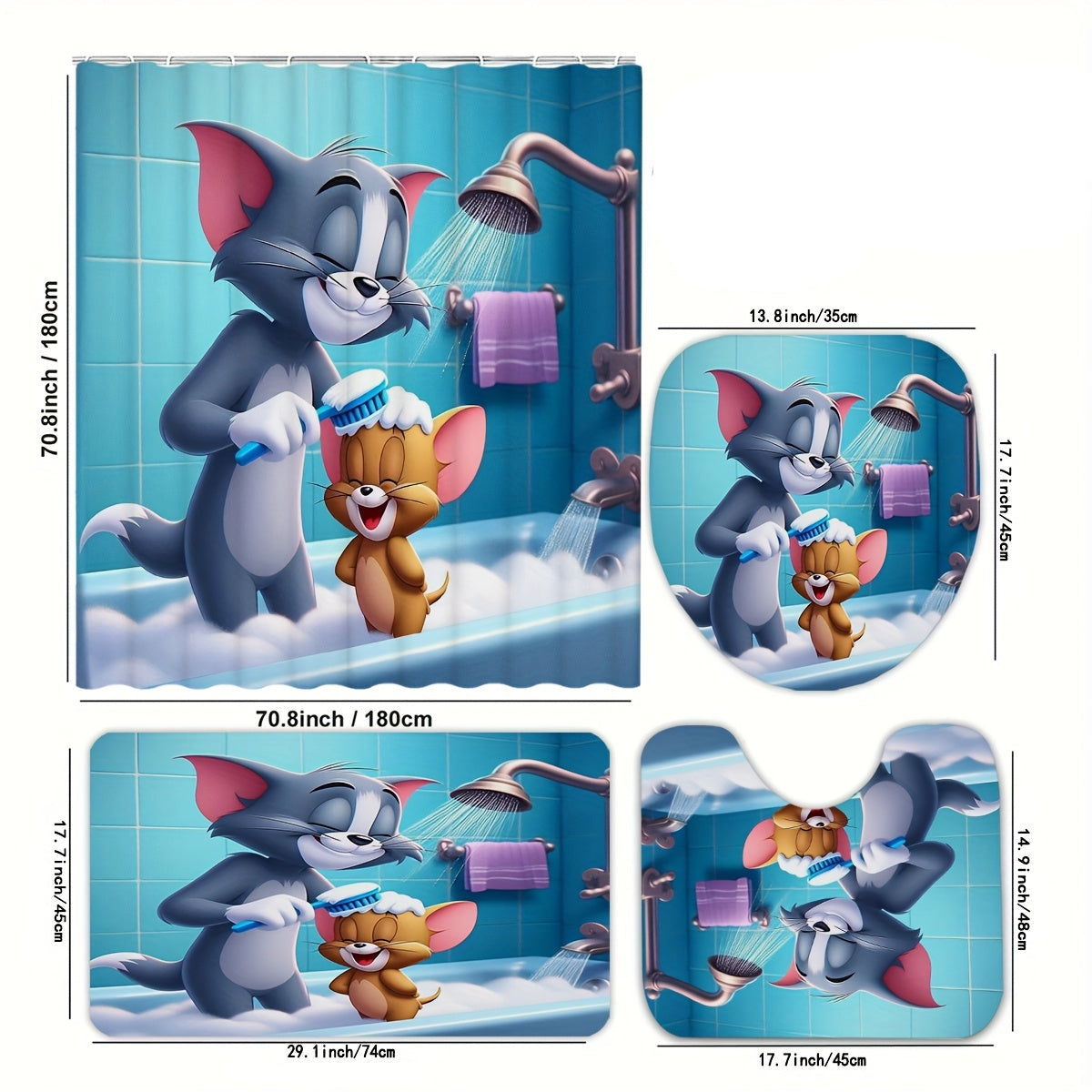 Ensemble de tapis de bain + rideau de bain Tom et Jerry tailles 