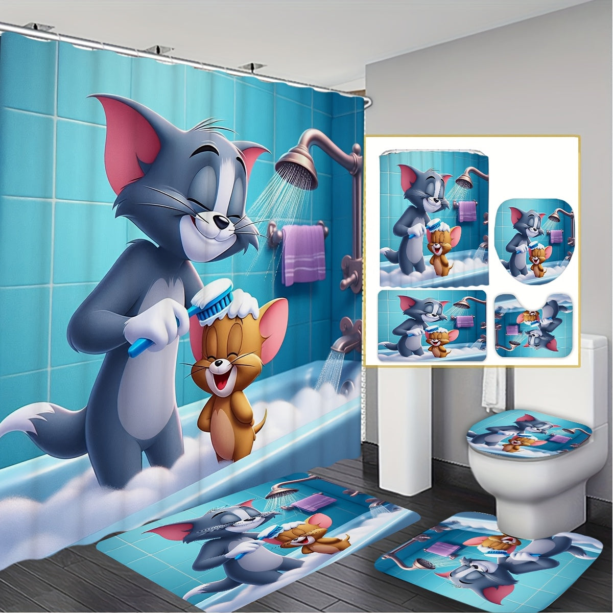 Ensemble de tapis de bain + rideau de bain Tom et Jerry toilettes 
