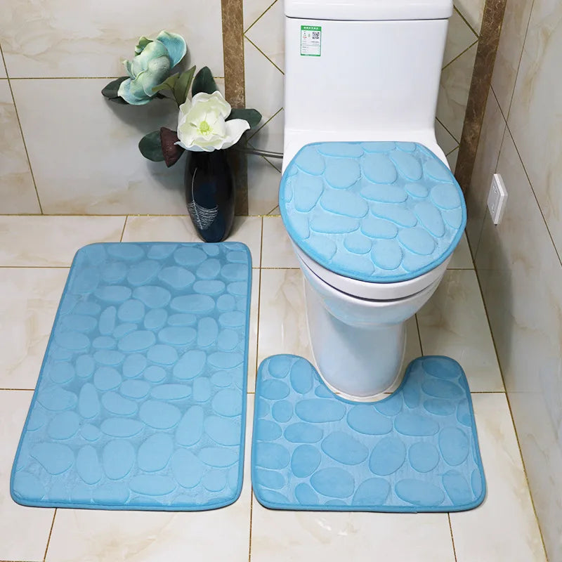 Ensemble tapis de bain et WC toilettes bleu