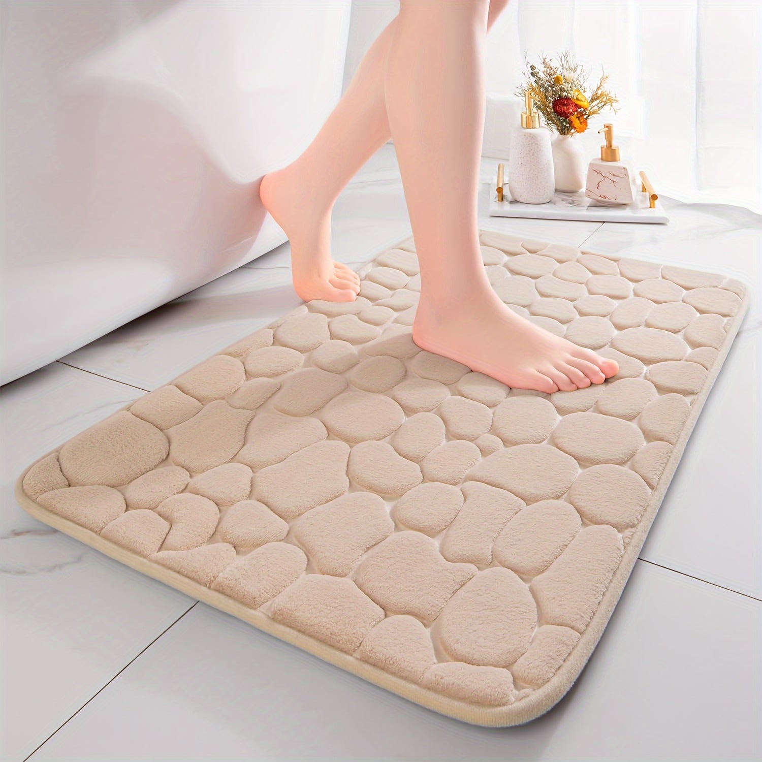 Lot de 5 tapis de sol pour salle de bain premium en galets beige 