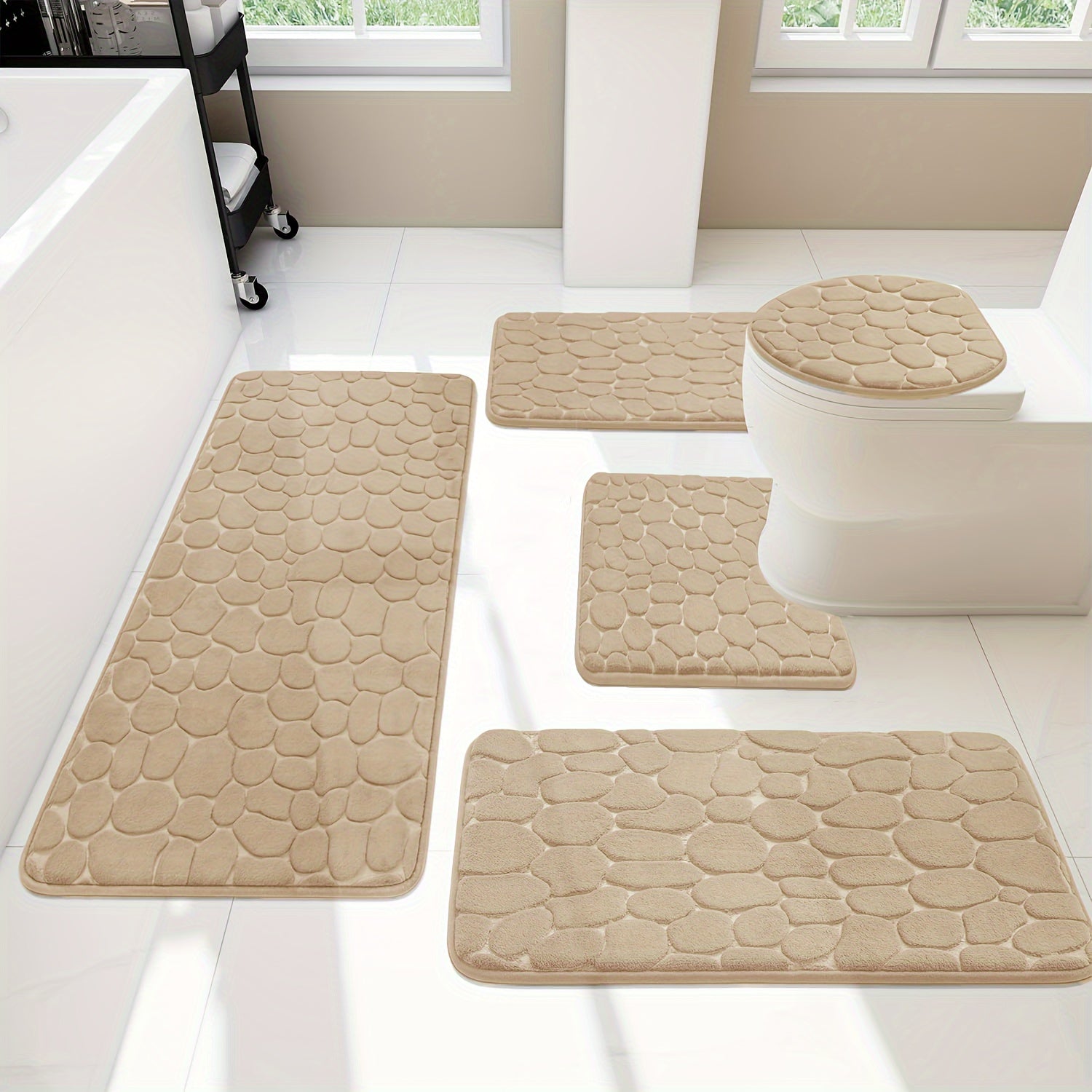 Lot de 5 tapis de sol pour salle de bain premium en galets beige sol 