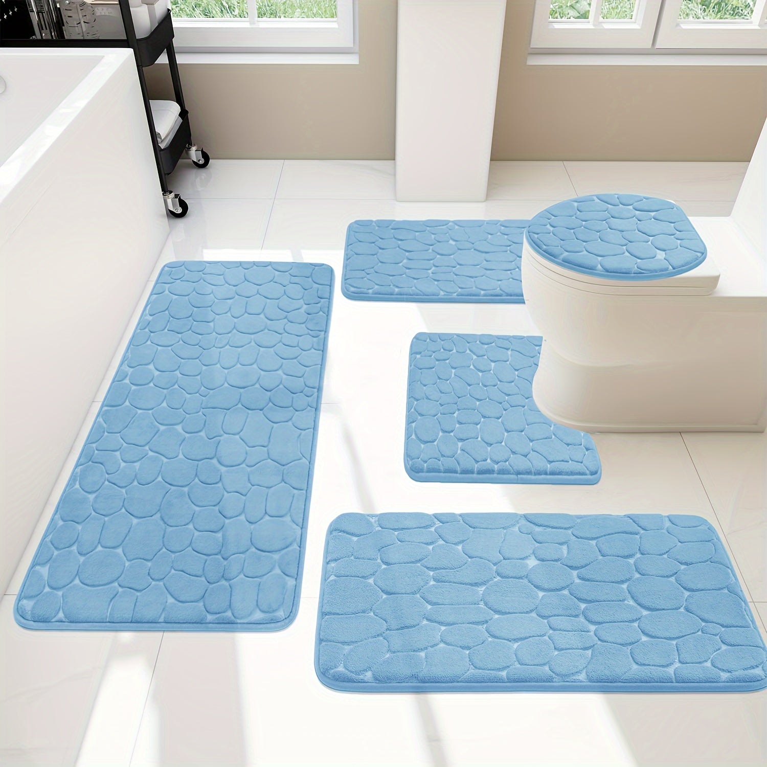 Lot de 5 tapis de sol pour salle de bain premium en galets bleu ciel 