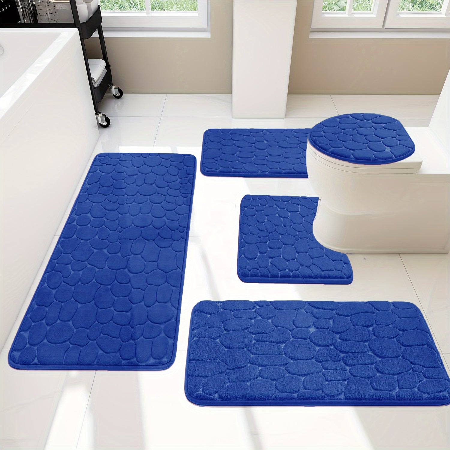 Lot de 5 tapis de sol pour salle de bain premium en galets bleu marine 