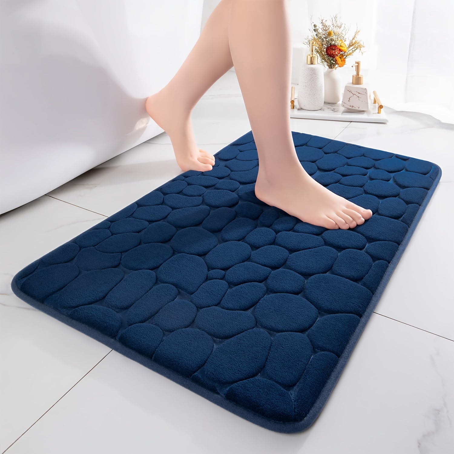 Lot de 5 tapis de sol pour salle de bain premium en galets bleu nuit 