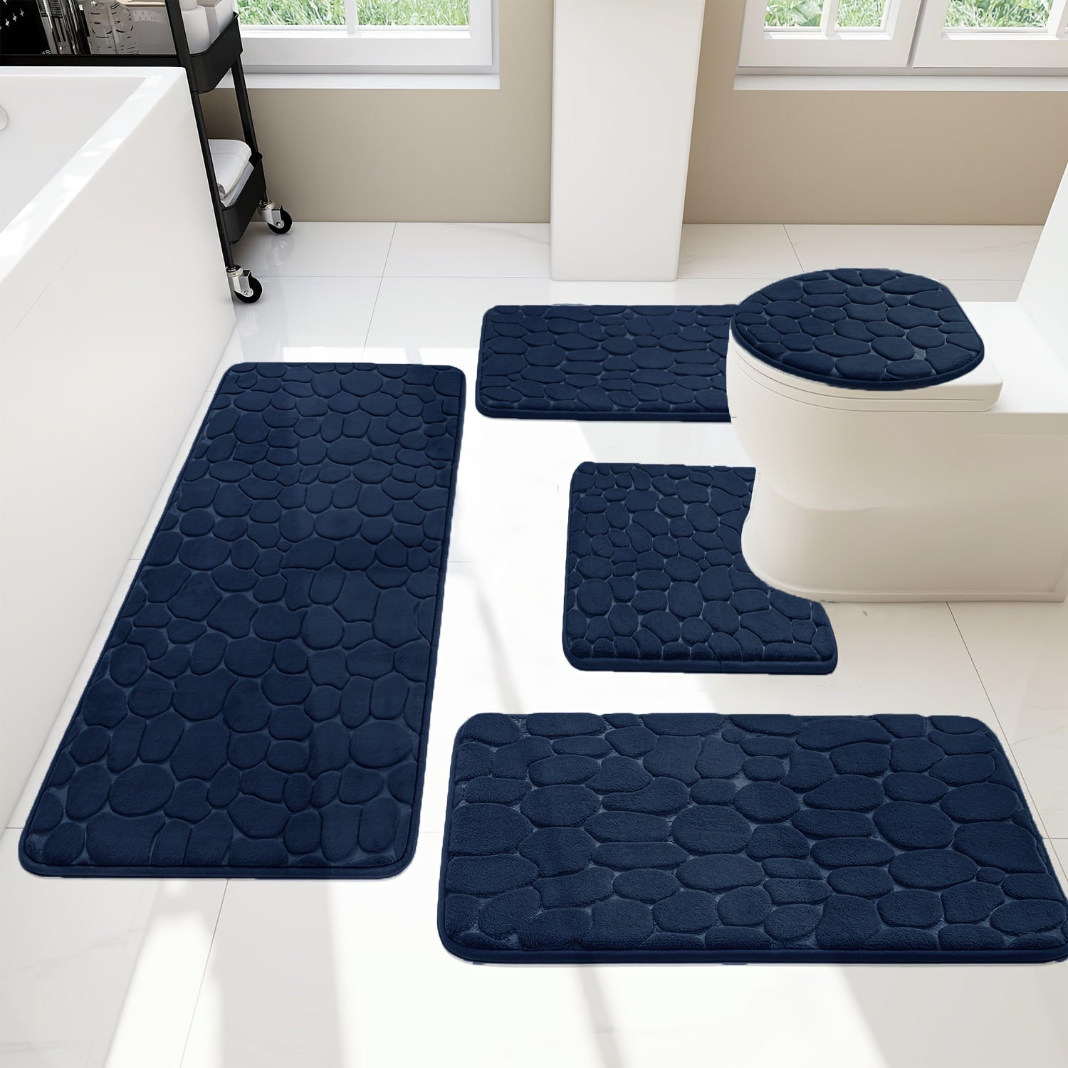Lot de 5 tapis de sol pour salle de bain premium en galets bleu nuit sol 