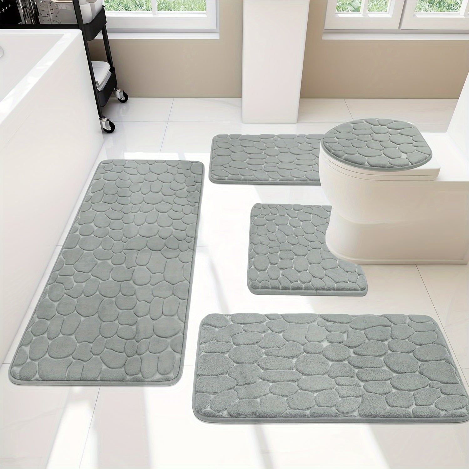 Lot de 5 tapis de sol pour salle de bain premium en galets gris 