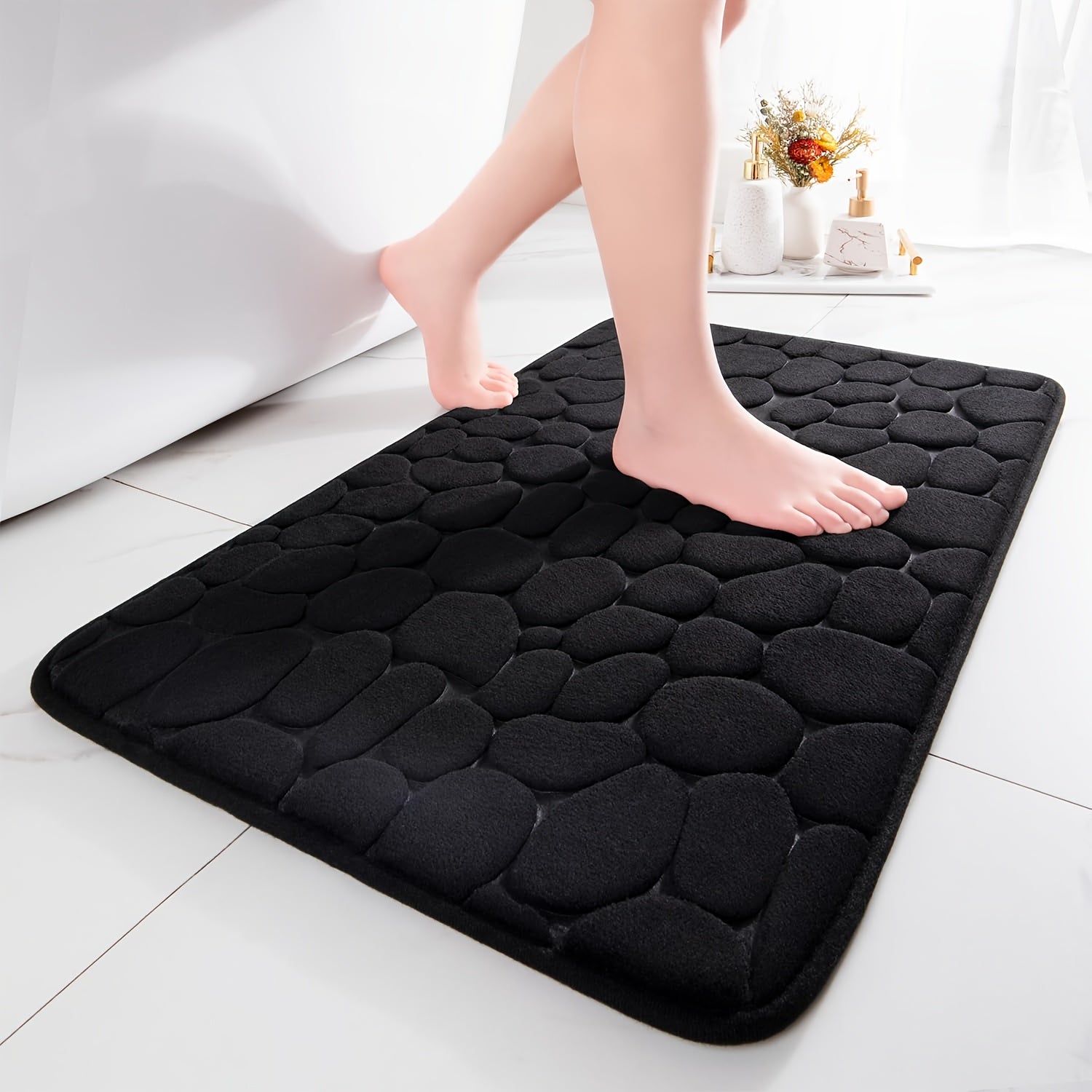Lot de 5 tapis de sol pour salle de bain premium en galets noir 