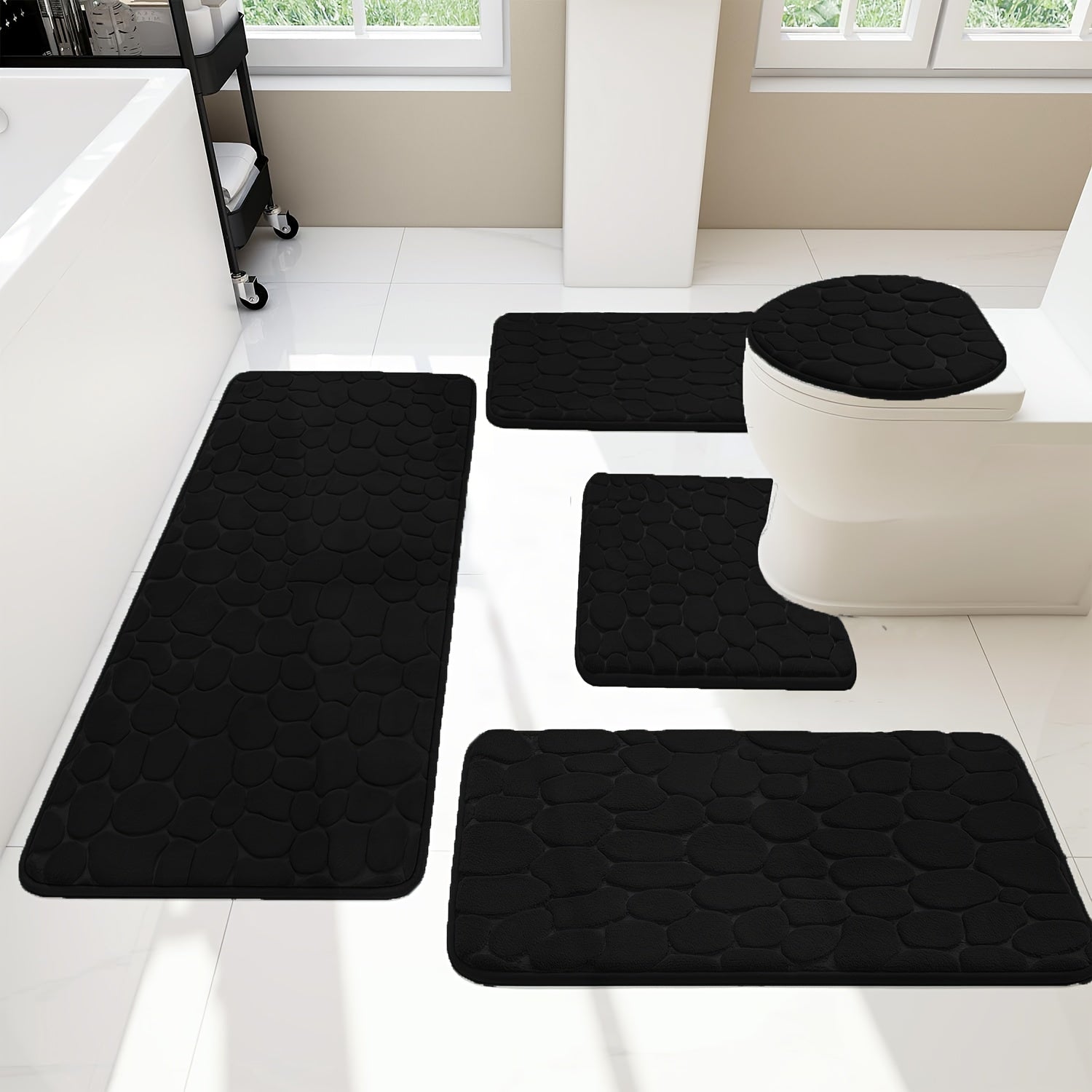 Lot de 5 tapis de sol pour salle de bain premium en galets noir sol 