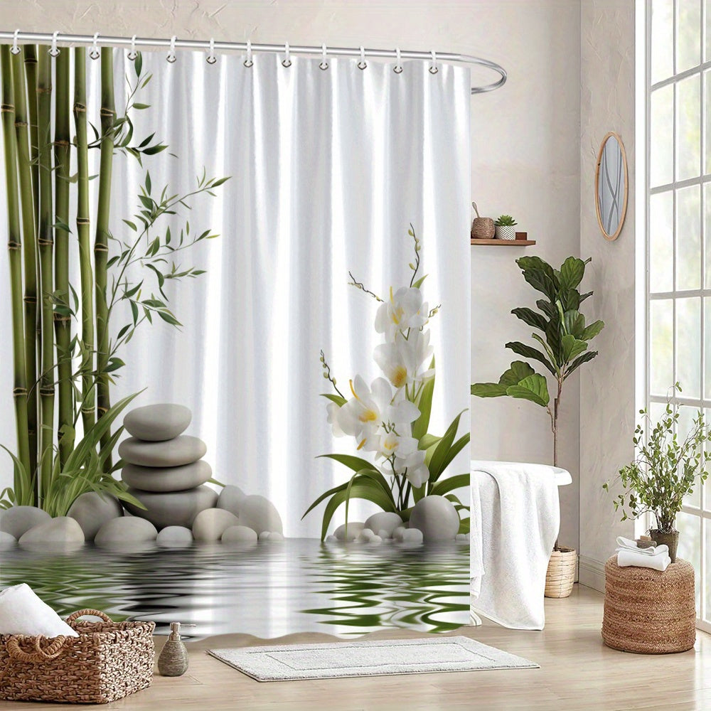 Rideau de Douche Galets & Orchidée  bambou 