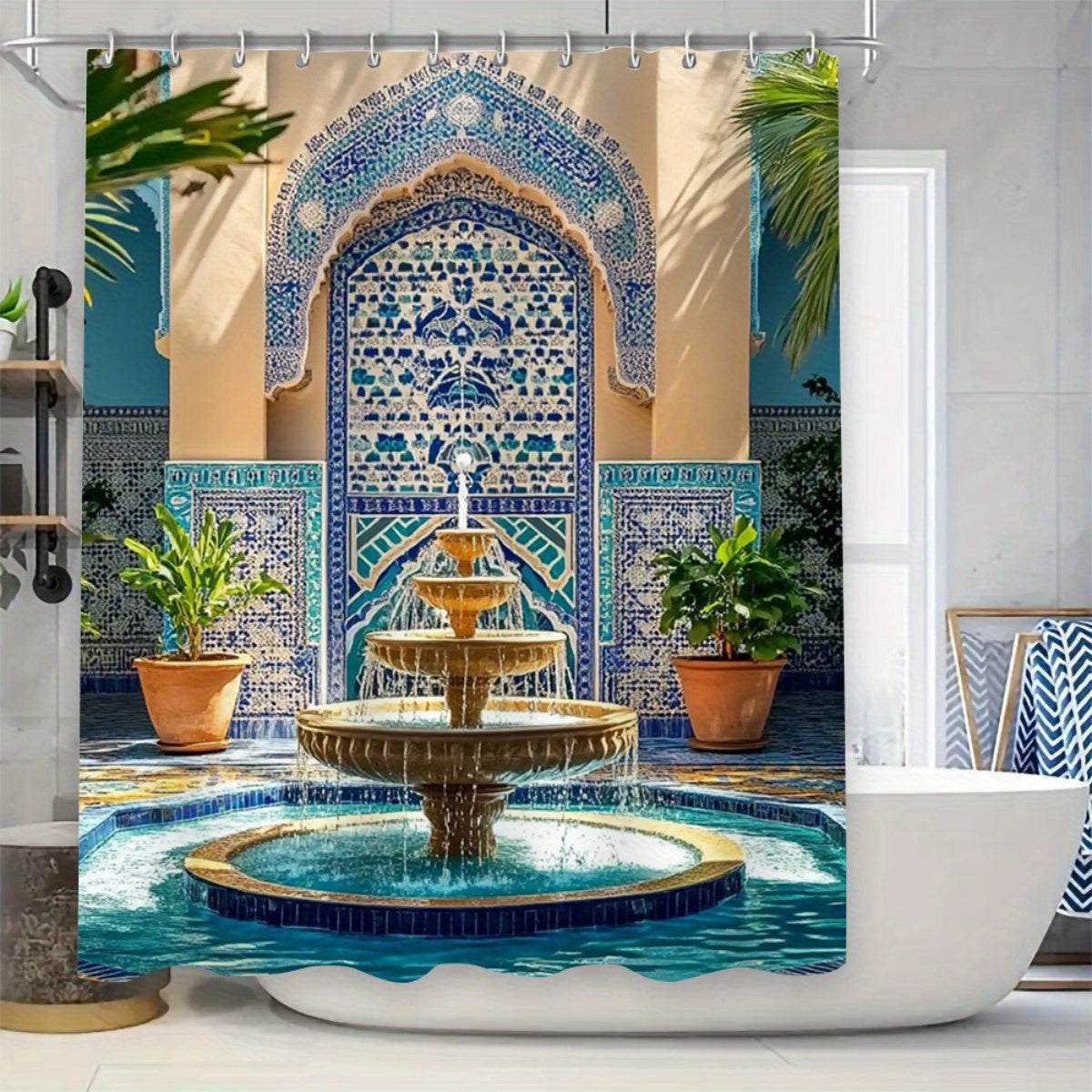 Rideau de douche et tapis de salle de Bain style oriental fontaine 
