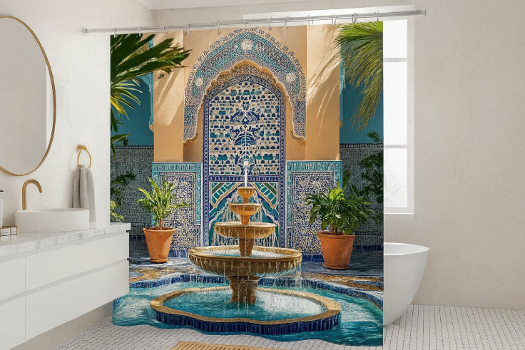 Rideau de douche et tapis de salle de Bain style oriental  lavabo 