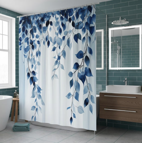 Rideau de douche feuilles bleu canard baignoire 