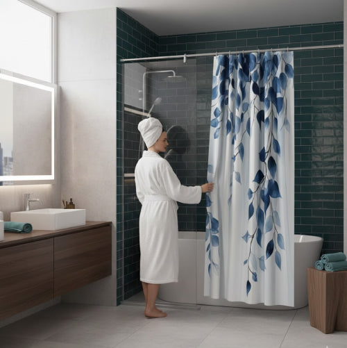 Rideau de douche feuilles bleu canard femme 