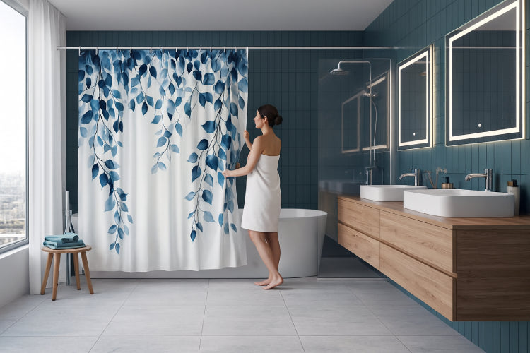 Rideau de douche feuilles bleu canard tabouret 