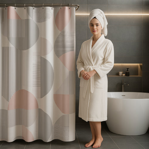 Rideau de douche gris et rose peignoir 
