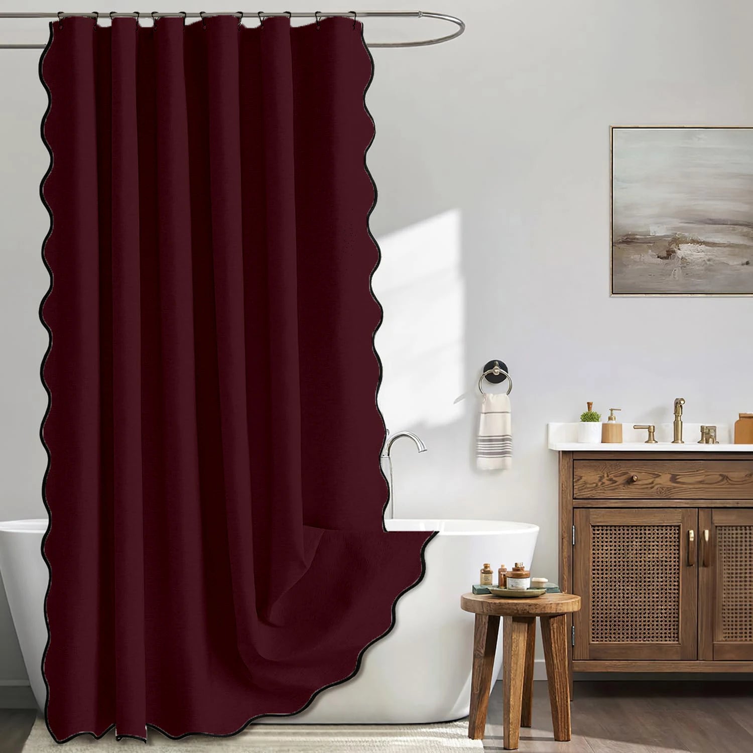 Rideau de douche imperméable 14 couleurs avec bord ondulé bordeaux 