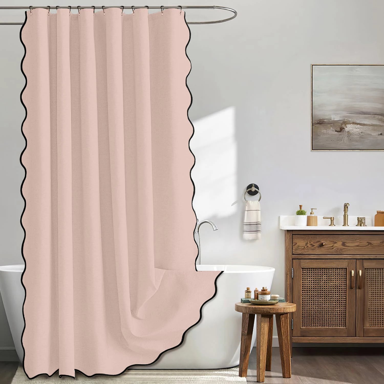 Rideau de douche imperméable 14 couleurs avec bord ondulé rose 