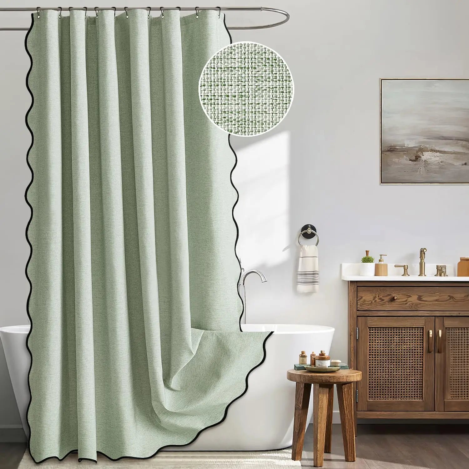Rideau de douche imperméable 14 couleurs avec bord ondulé vert 