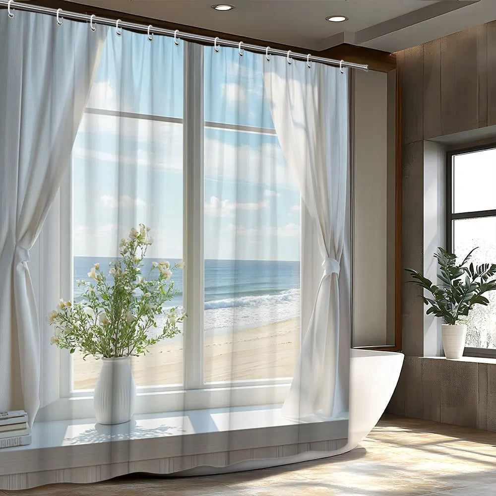 Rideau de douche imperméable à vue sur le bord de mer plante 