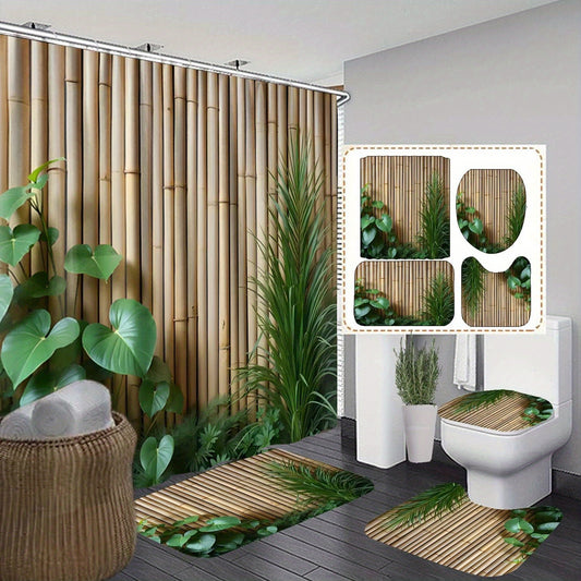 Rideau de douche  motif bambou et plantes vertes