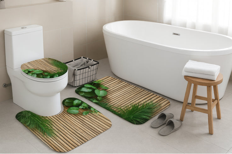 Rideau de douche  motif bambou et plantes vertes baignoire