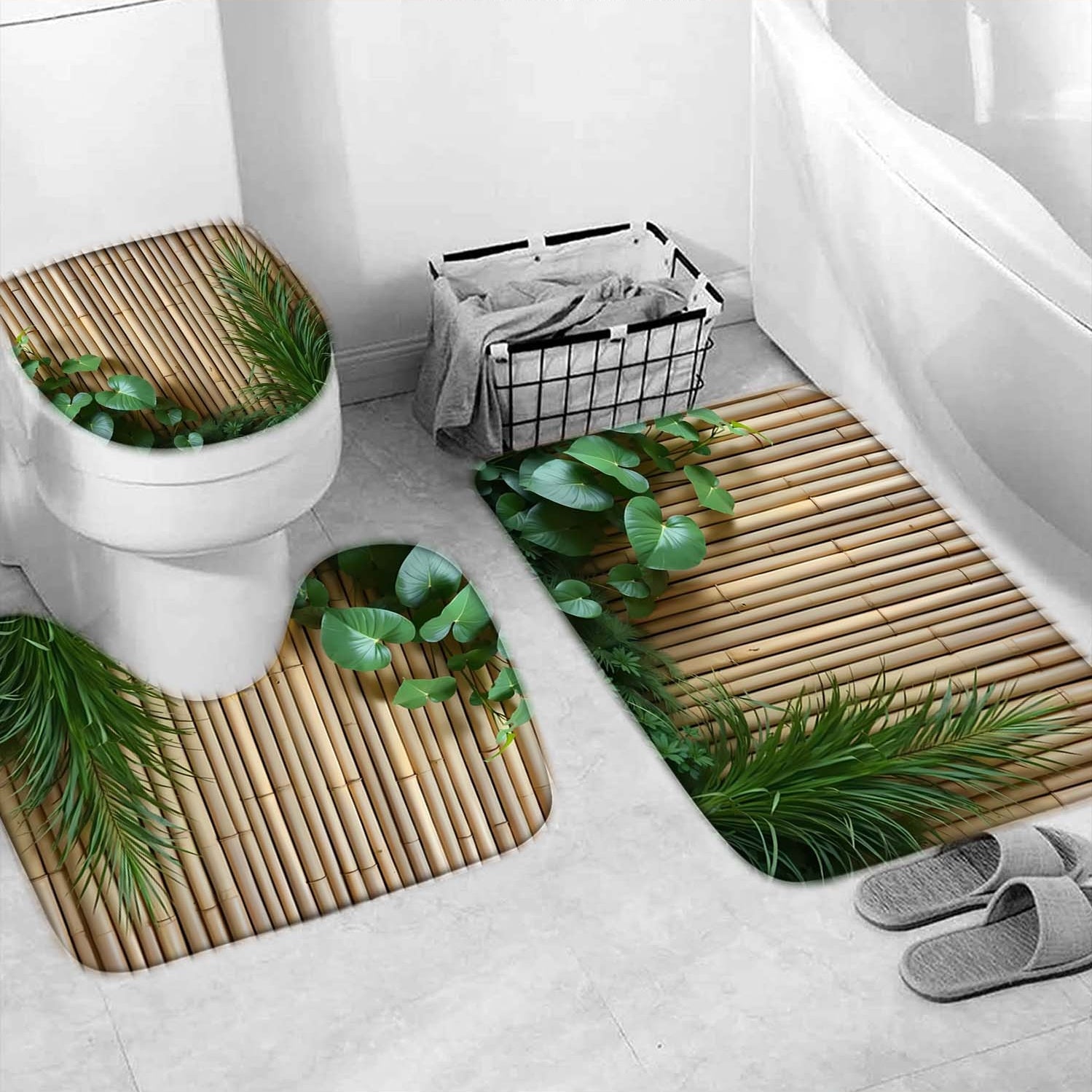 Rideau de douche  motif bambou et plantes vertes sol 