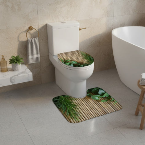 Rideau de douche  motif bambou et plantes vertes sol 