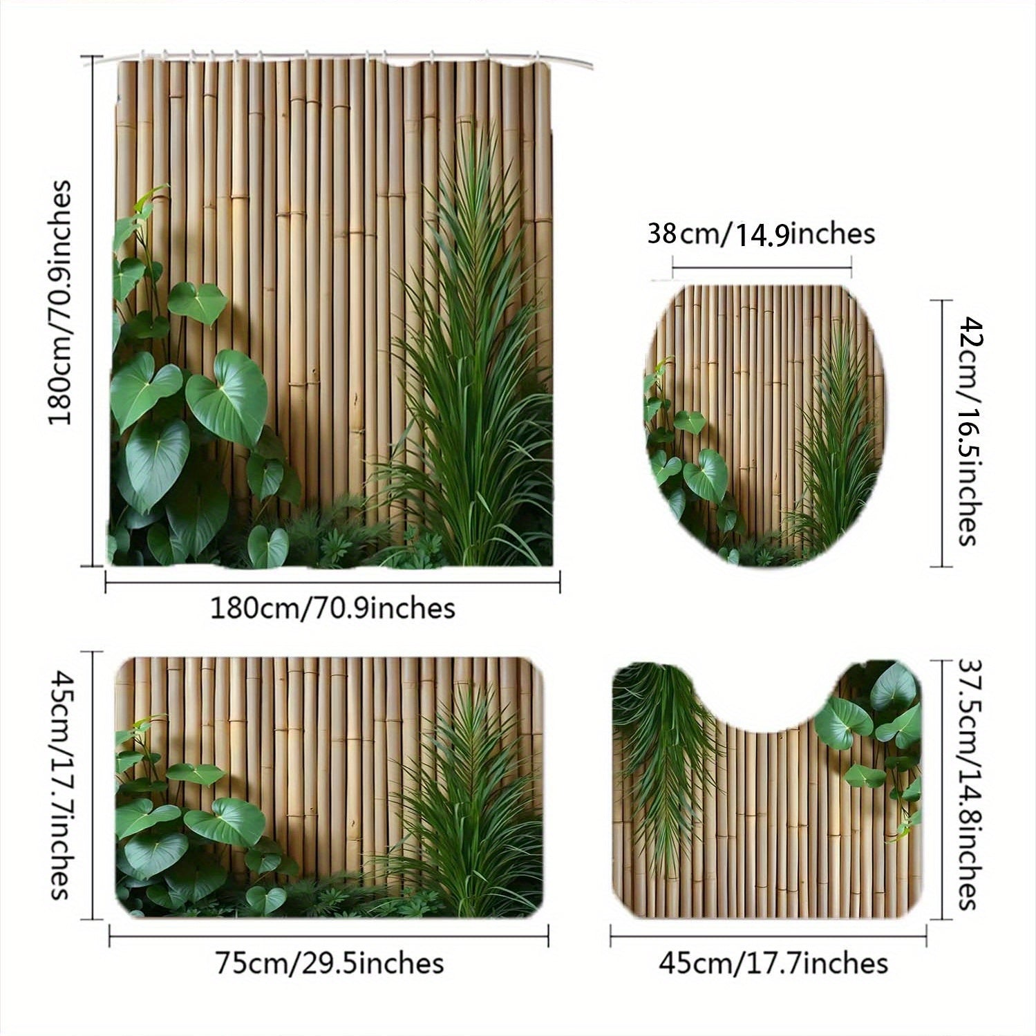 Rideau de douche  motif bambou et plantes vertes tailles 