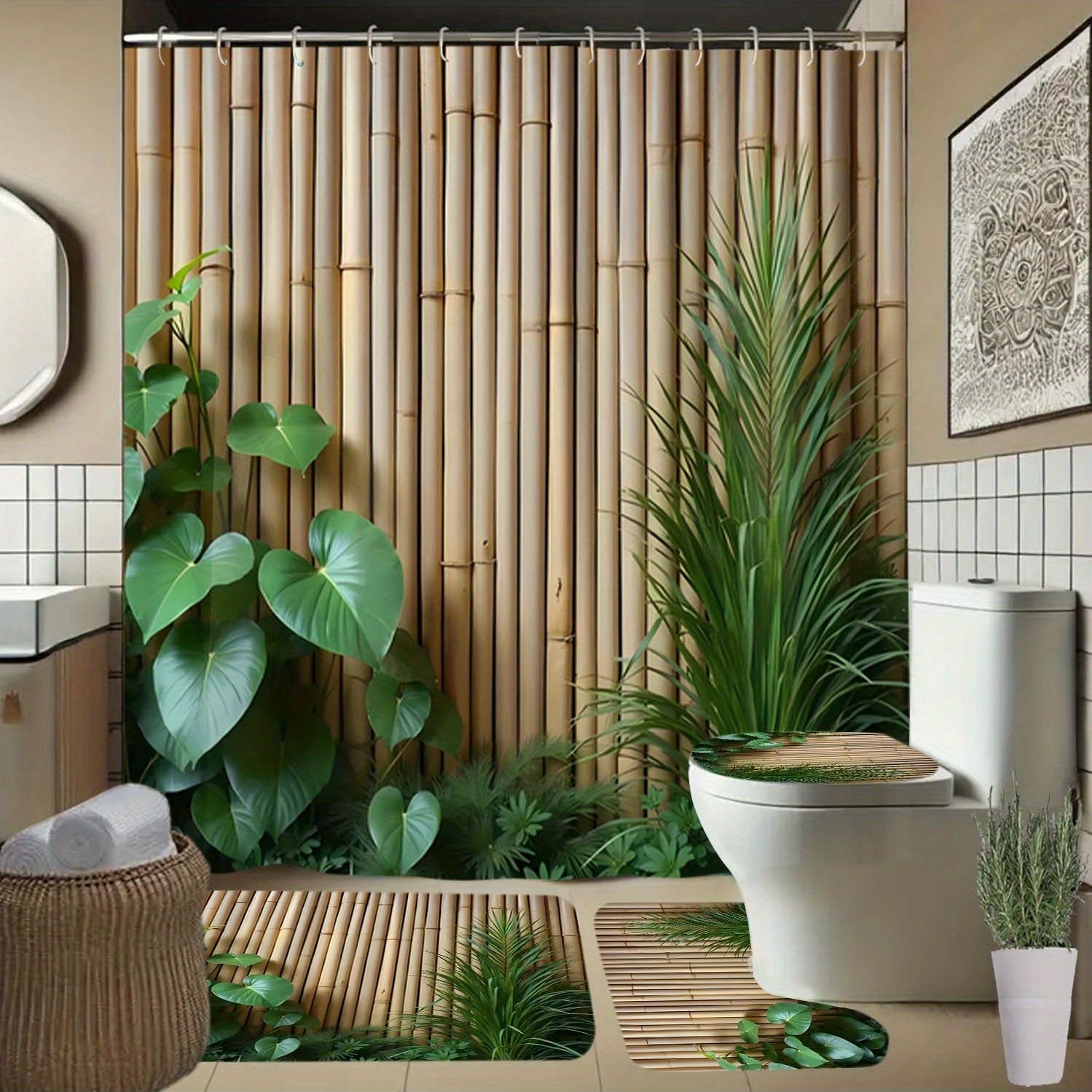 Rideau de douche  motif bambou et plantes vertes toilette 