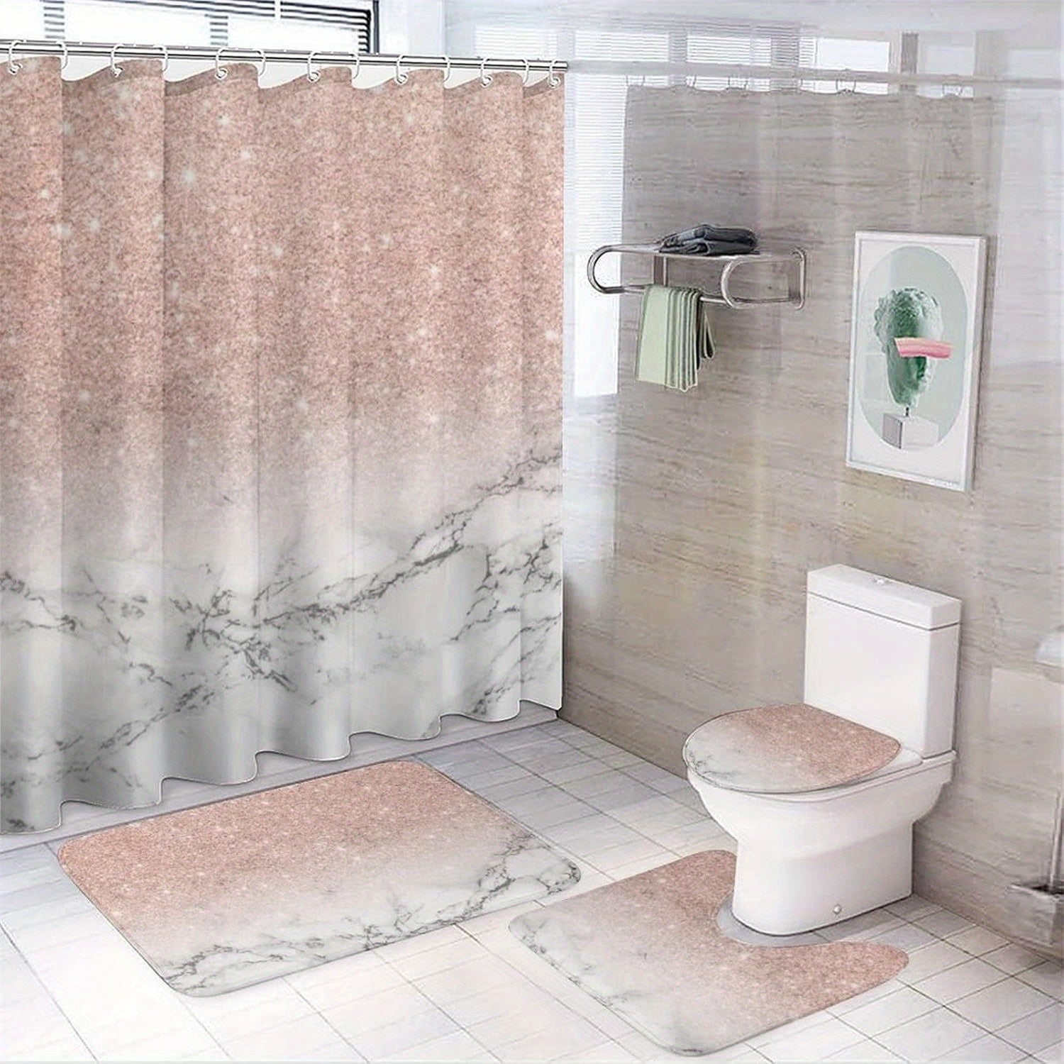 Rideau de douche pailleté rose et marbre