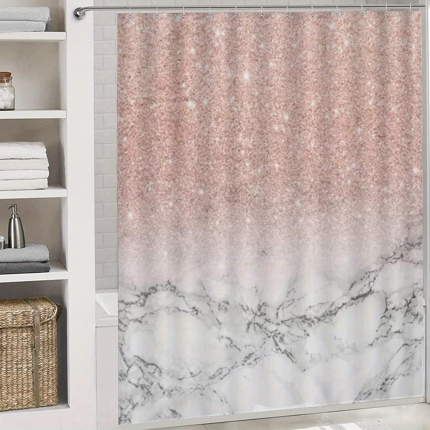 Rideau de douche pailleté rose et marbre  gris