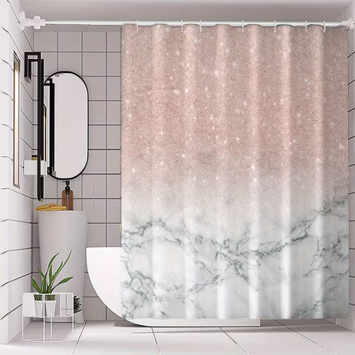 Rideau de douche pailleté rose et marbre plante 