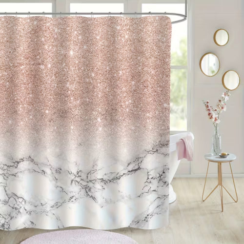Rideau de douche pailleté rose et marbre table 