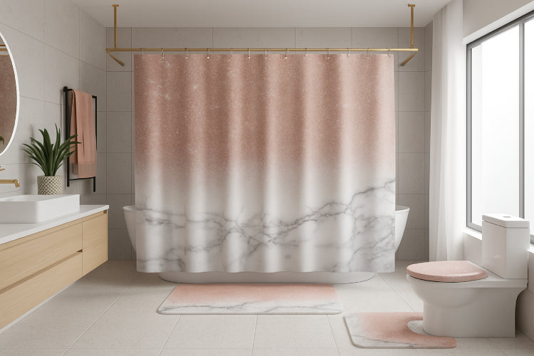 Rideau de douche pailleté rose et marbre tapis 