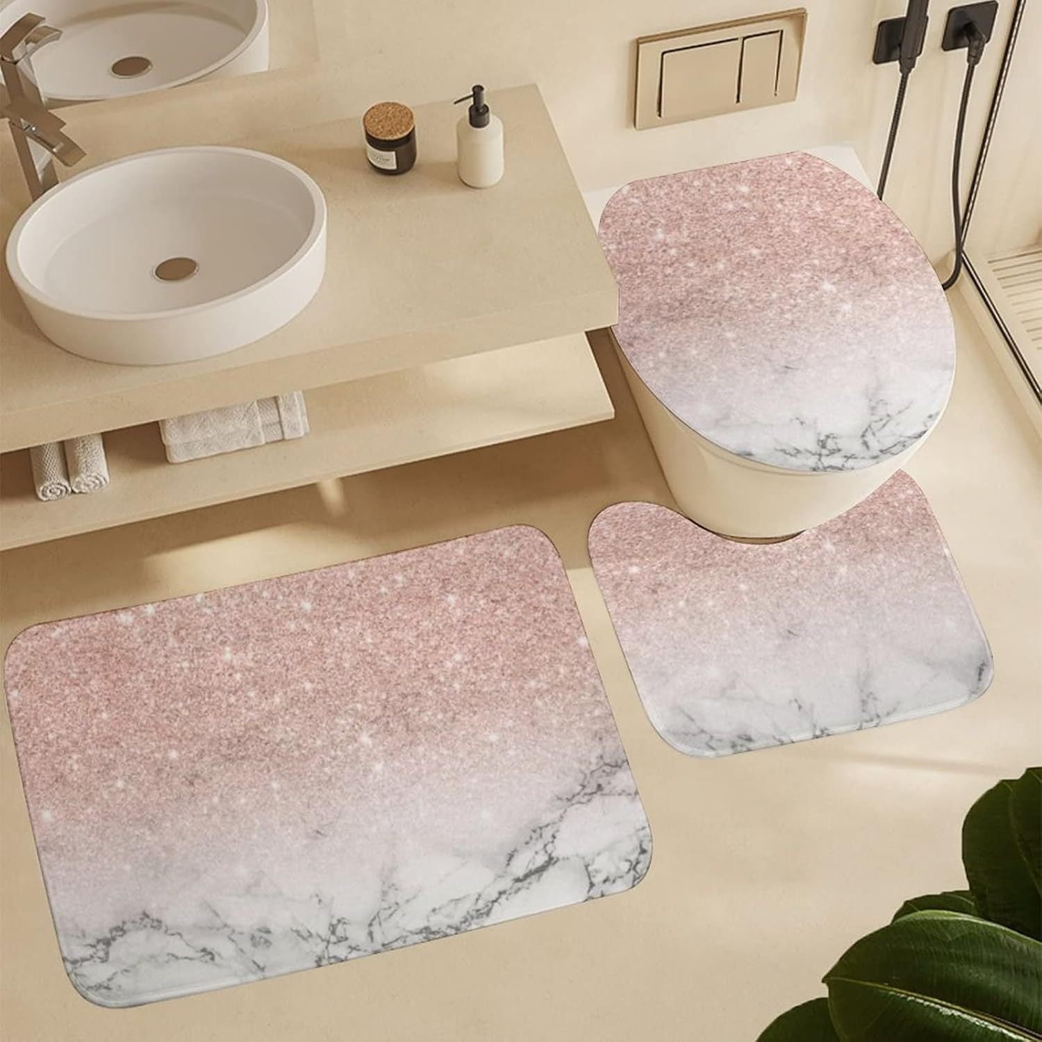 Rideau de douche pailleté rose et marbre toilette